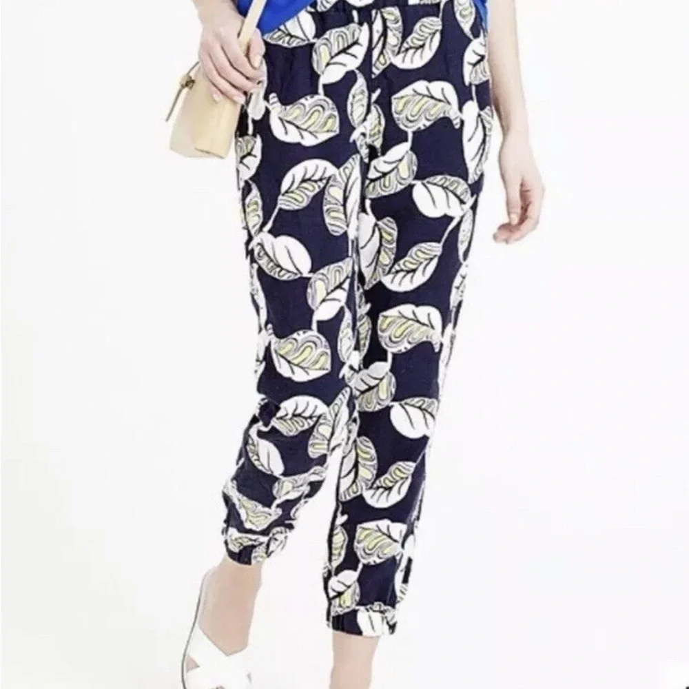 J.Crew Seaside pant in a navy blue, white, and yellow leaf print linen blend 2